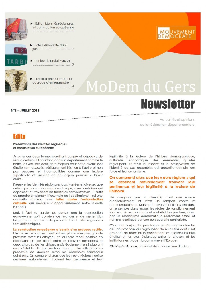 Newsletter du MoDem N°3 - Juill 2013 P1